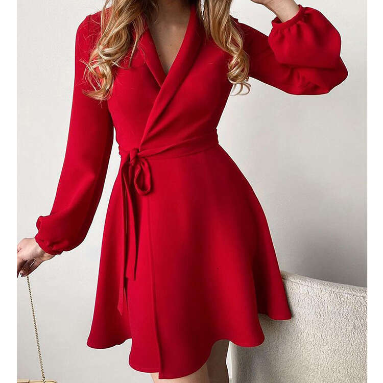 autumn winter trend European and American women's elegant one-piece color blocked lace up dress new casual versatile fashion clothing