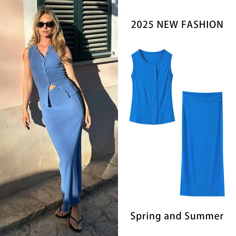 Knitted suit womens ultrathin Vneck sleeveless vest high waisted bag Hip Skirt elegant office fashion commuting 2piece set 250430e