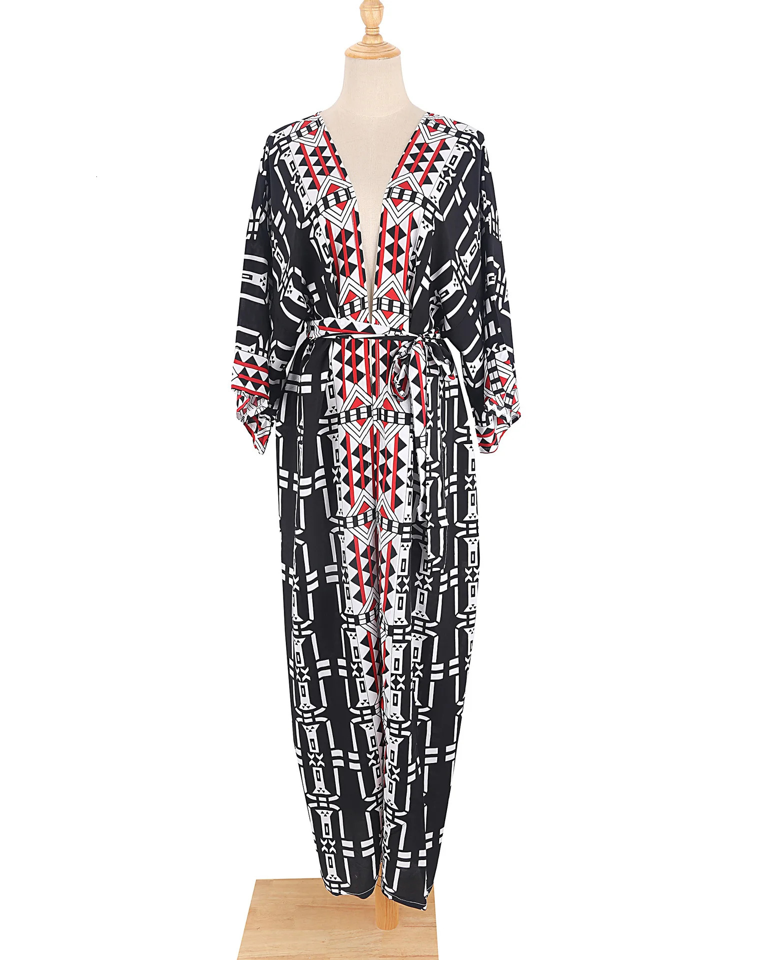 Beach covered oversized kimono womens geometric printed synthetic silk with belt suitable for loose and lightweight cardigans in summer 250422