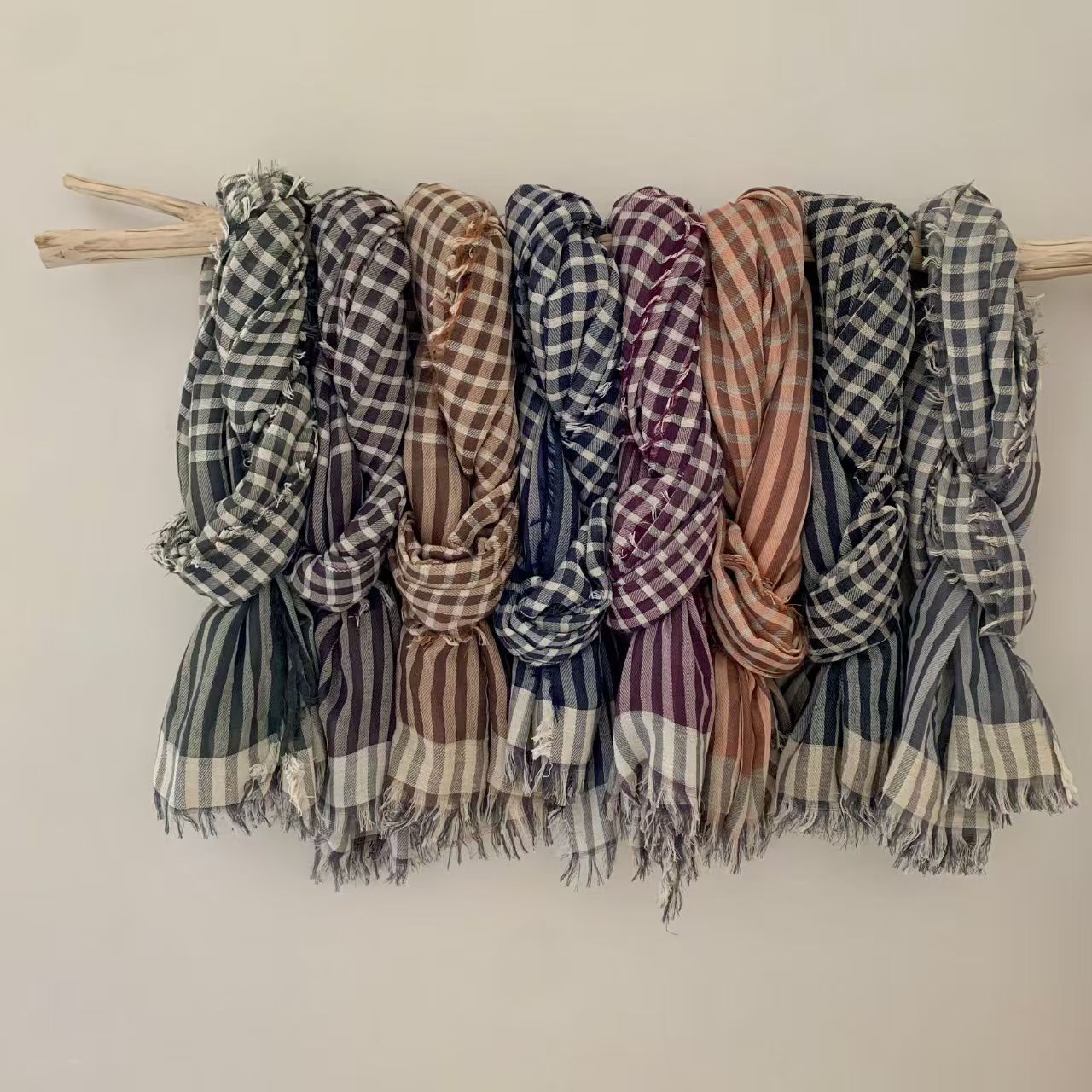 T613 cotton and linen scarf for women in spring and autumn, high-grade shawl, retro sunshade striped plaid natural crepe scarf