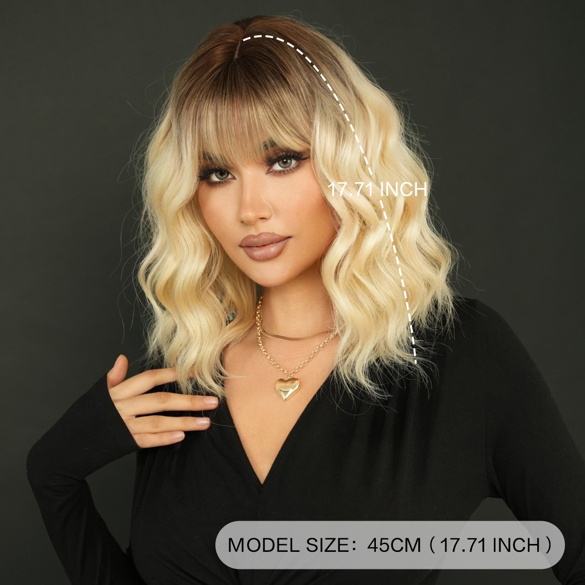 gold Gradient wave shoulder length wig for women full head cover with bangs hair dye on the top of the head commonly used in Japan