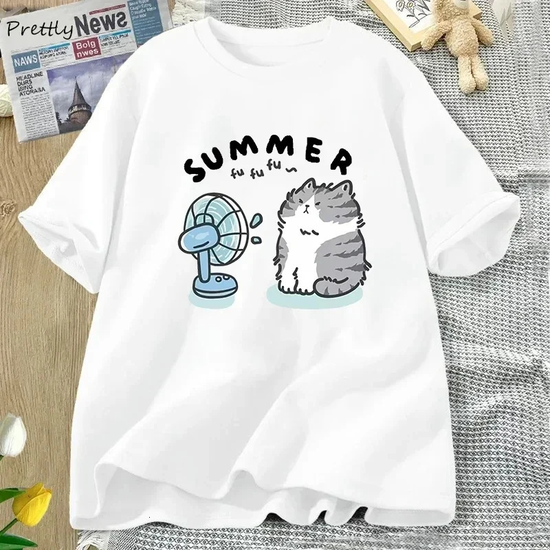 Summer Fun Cat and Fan Pattern Cotton T-shirt Womens Short sleeved T-shirt Harajuku Clothing Womens Street Clothing 250428
