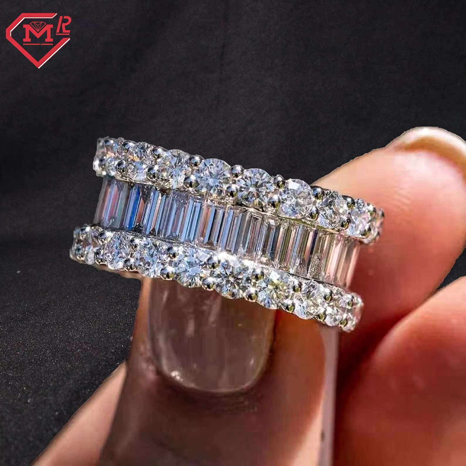 Hip Hop Moissanite Ring Men Round Brilliant Cut Baguette Cut 925 Sterling Silver Vvs Moissanite Ring