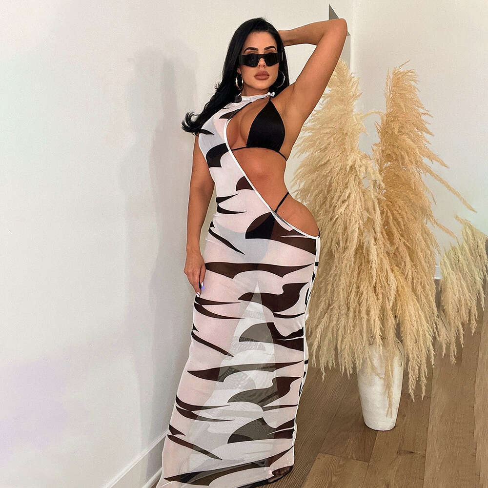 CY900528 European and American women's summer digital printed irregular mesh dress Bikini three piece set 2025 new casual versatile fashion cloth