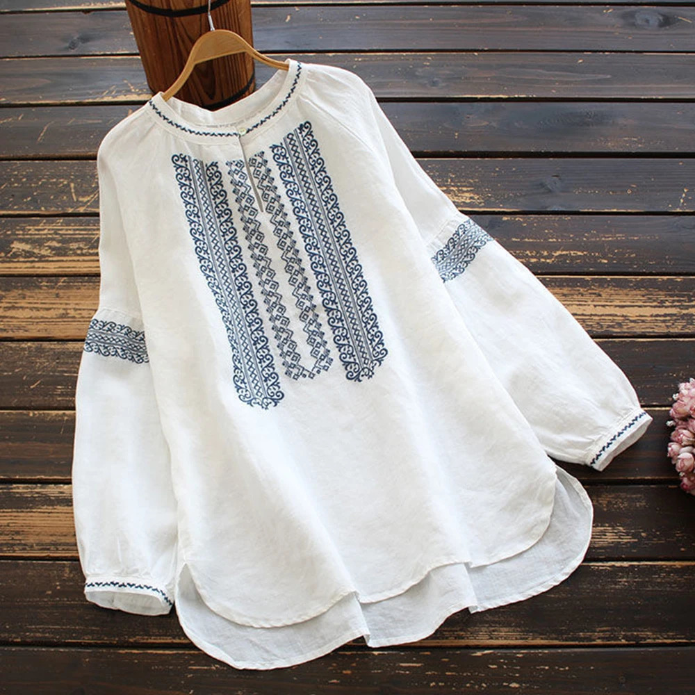 Vintage Embroidered Womens Shirt Large Solid Long Sleeve Ethnic Style Autumn Casual Loose Top 250430Z