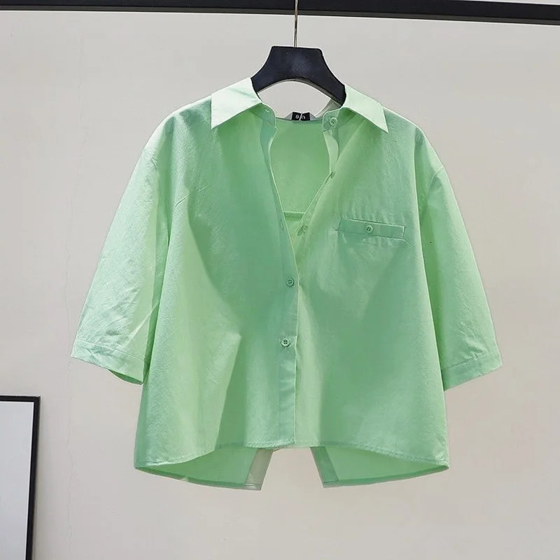 OL Back Split White Shirt Casual Fashion Korean Womens Short Sleeve Top Prefabricated Style Basic Solid 250422