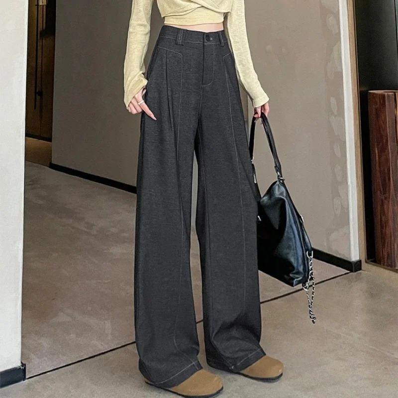 SpringSummer Retro Womens Wide Leg Pants High Waist Solid Casual Loose Straight Full Length 250428