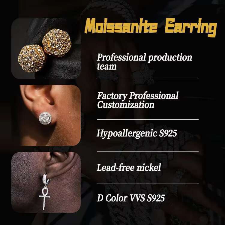Hip Hop Jewelry Moissanite Stud Earrings S925 Silver Iced Out Screw Back 1CT Moissanite Earrings