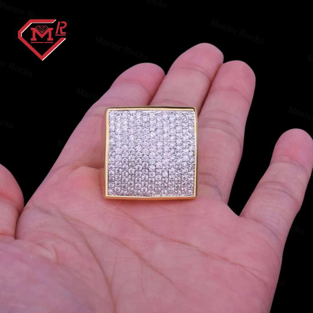 Hip Hop Big Cubic Stone Iced Out Pinky Ring for Men 925 Silver Square Luxury Moissanite Ring Mens