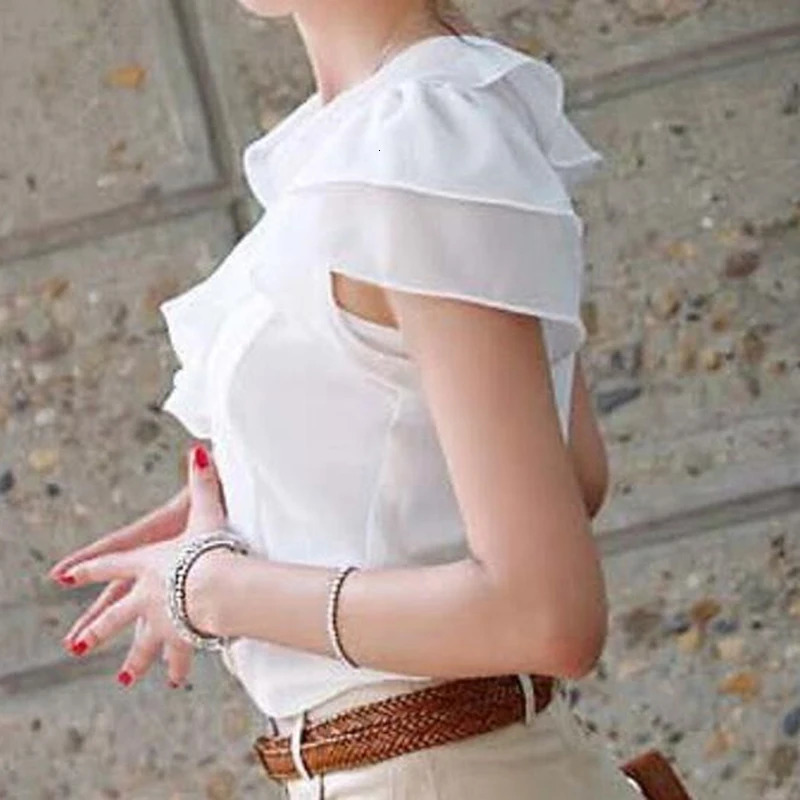 Arrival 2024 Chiffon Short sleeved Womens Shirt Fashion Ruffle White Black Office 250425