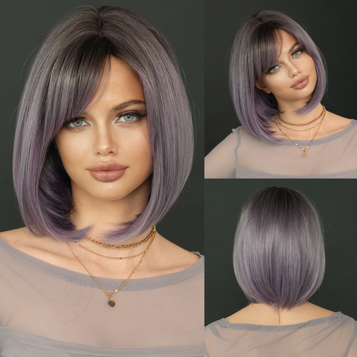 wig 2025 for women with gradient gray purple short straight hair slanted bangs Bob bob short hair synthetic mechanism headband
