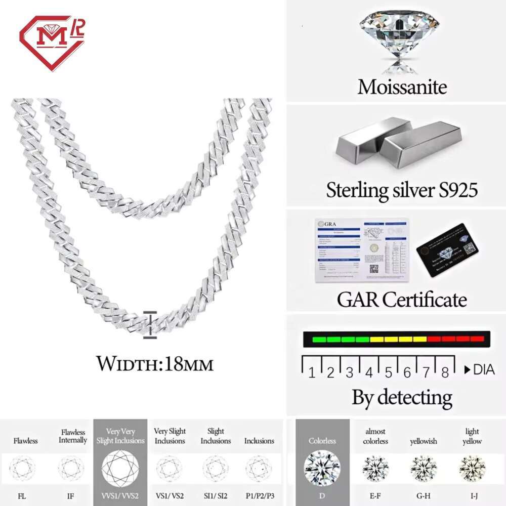 Hiphop 18MM Iced Out Cuban Chain Handmade Setting 925 Sterling Silver Moissanite Cuban Link Chain