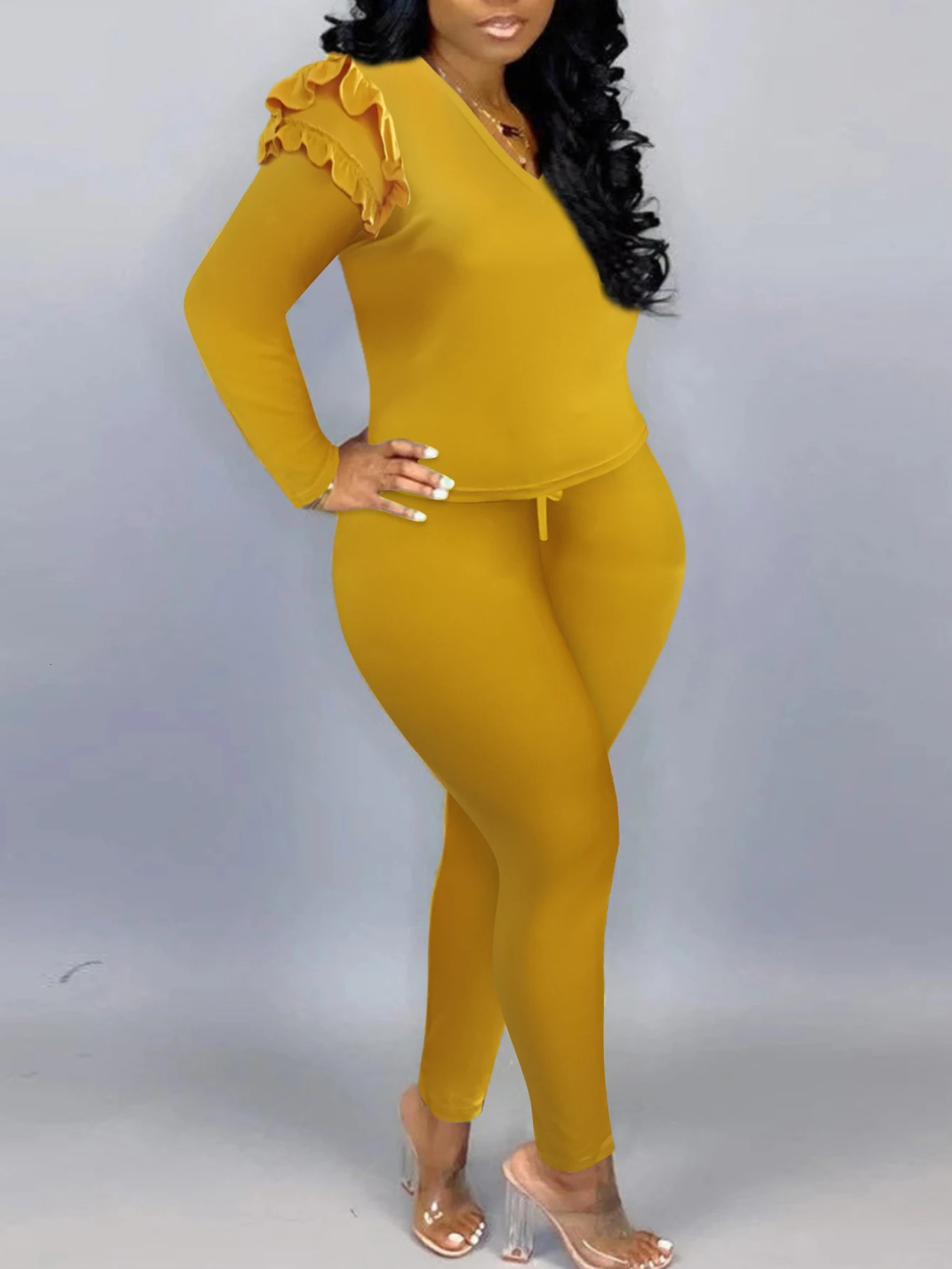 4XL 5XL LW Plus Size Fashion V-neck Striped Yellow Two piece Pants Set Spring Womens Basic Plain Ruffle Womens Matching Set 250427