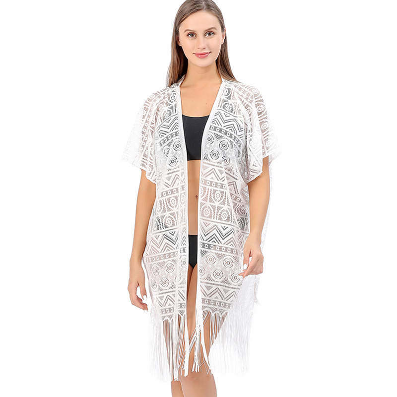 K594 Cross-border European and American style sexy lace cardigan beach bikini cover-up geometric tassel shawl sun protection clothing for women