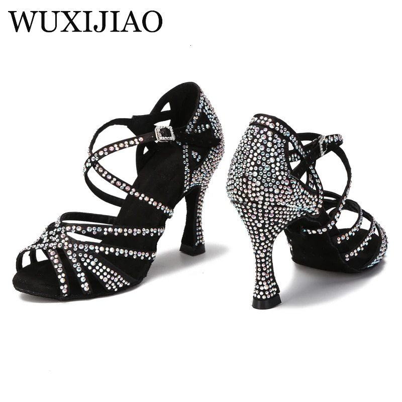 Wuxi womens party dance shoes satin shiny rhinestone soft sole Latin dance shoes womens salsa dance shoes 250425