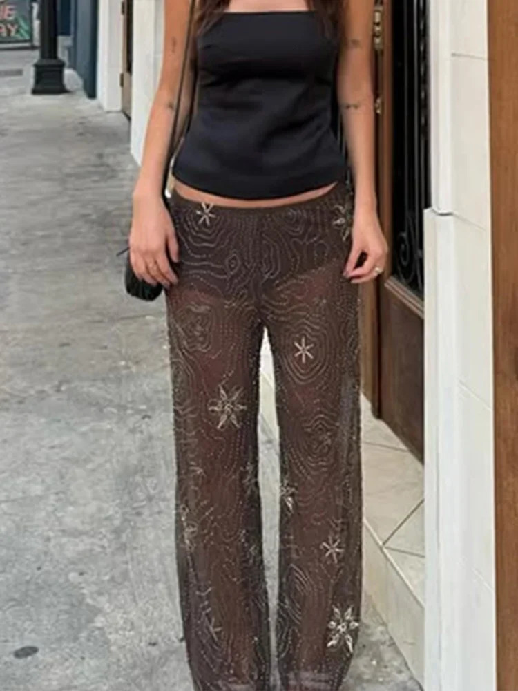 Chic See Through Beams sequins straight thin Trouser fashion y womens low waisted pants summer party 250428