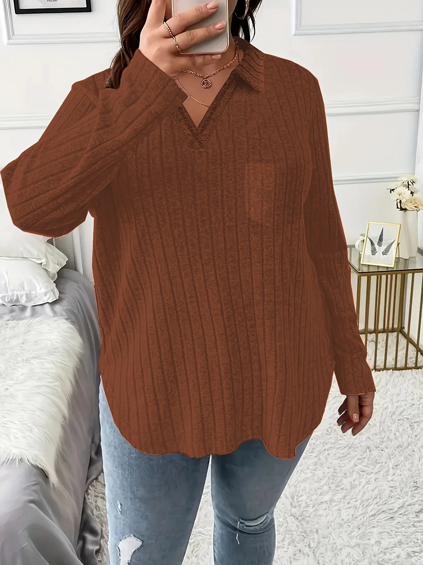 2024 European and American Cross border Plus Size Solid Color Vneck Long Sleeve Loose Tshirt 250430Z