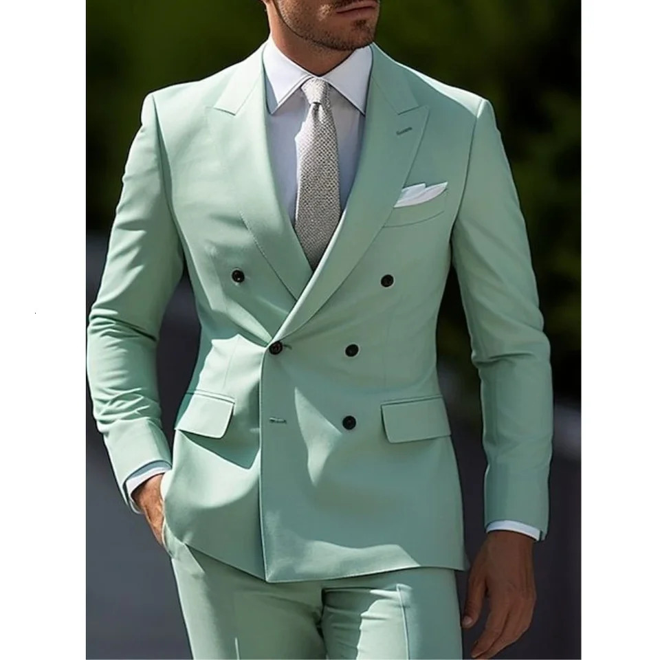 Sage Green Mens Wedding Dress Solid Color 2piece Japanese Plus Size Double Chest Six Button Formal Business Set 250428