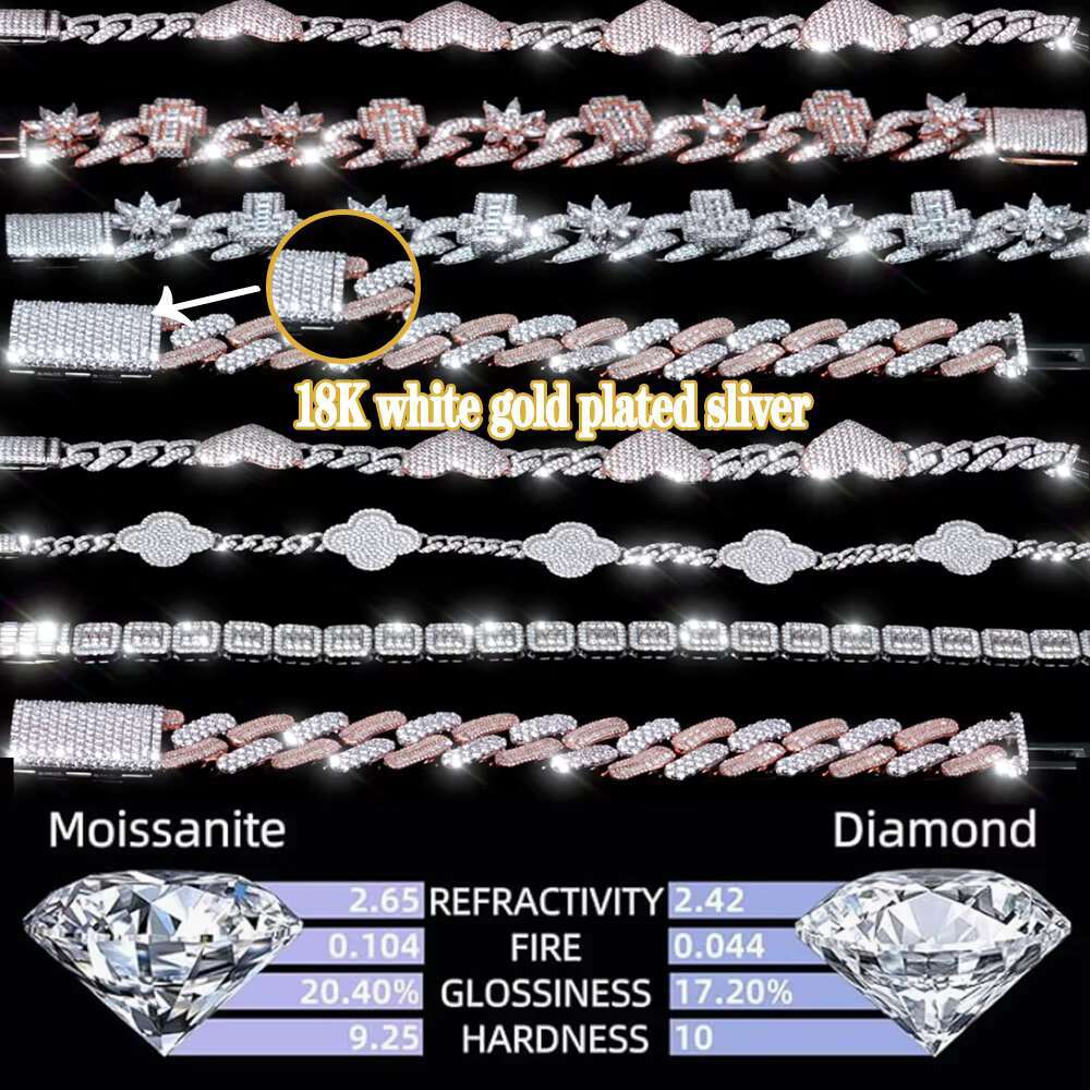 Hip Hop Jewelry Moissanite Cuban Bracelet Chain Vvs Iced Out 925 Sterling Silver Custom Moissanite Bracelet
