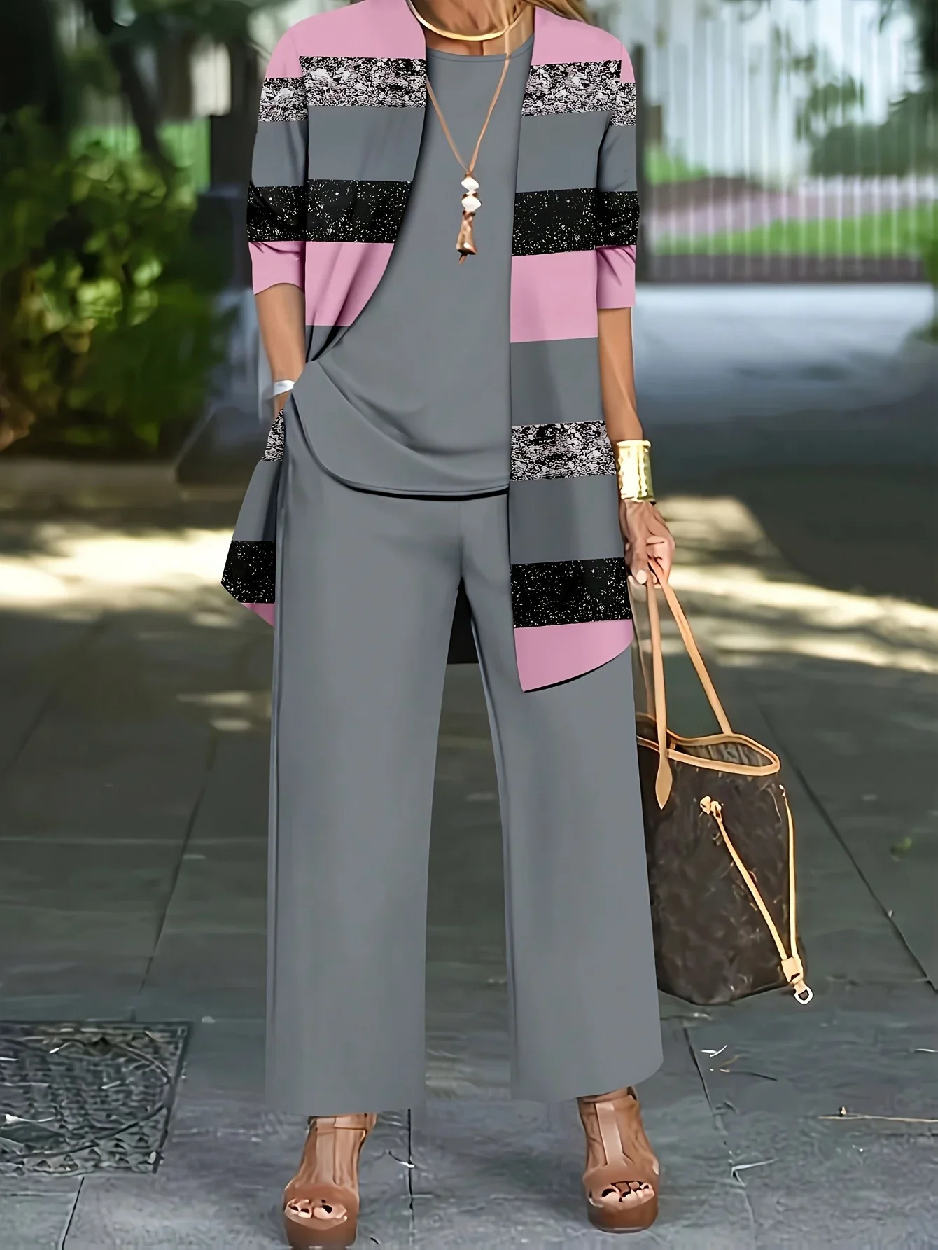 Plus Size 1XL-5XL Womens Fashion 3-Piece Set Womens Casual Long Sleeve cardigan vest and pants set 250427