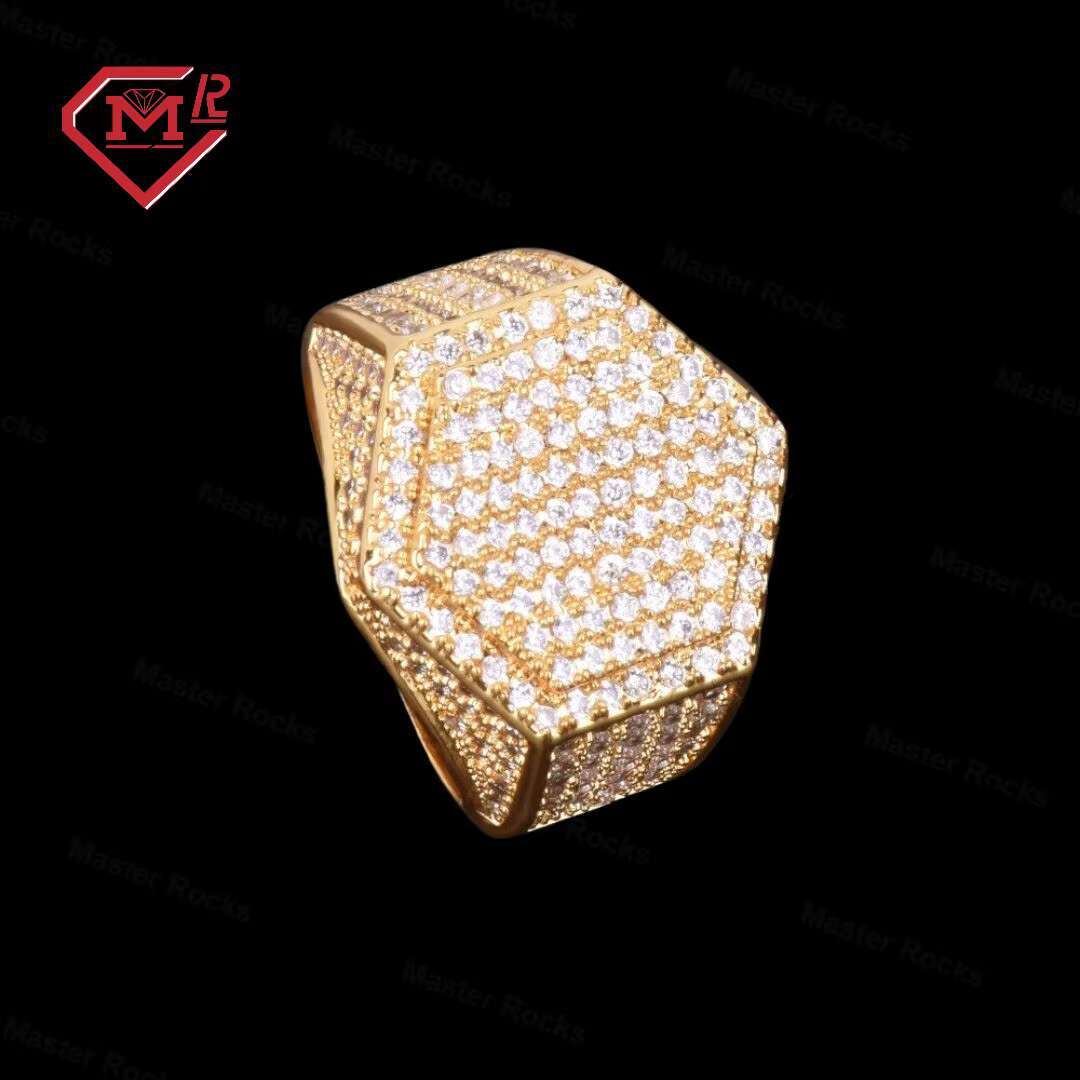 Master Rocks Gold Plated Ring Iced Out 925 Sterling Silver Mens Hip Hop Hexagon Moissanite Ring