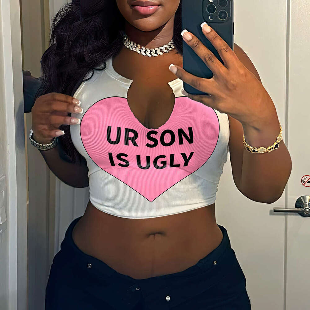 European and American sexy letter printed T-shirt women's brand sleeveless U-neck vest 2025 new casual fashion trend clothing