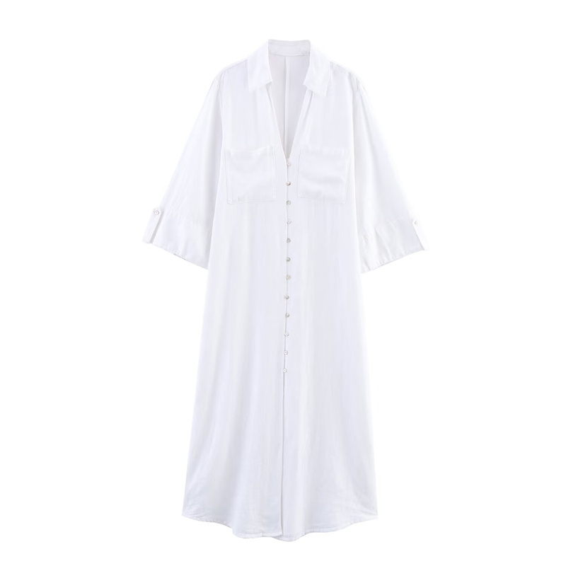 2025 summer new women's casual temperament simple shirt style V-neck dress buckle pocket decoration