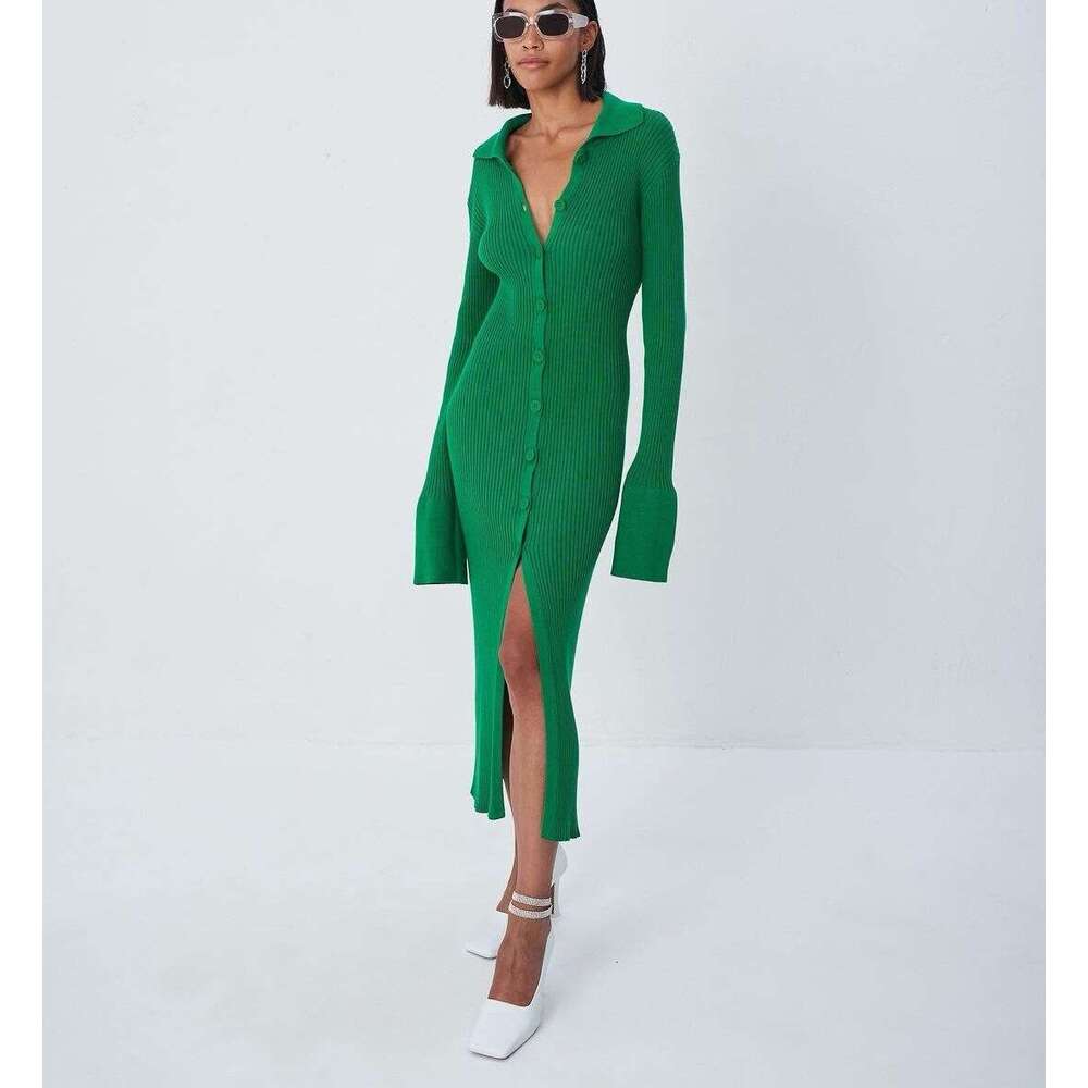 European and American 2021 autumn women's sleeved V-neck long flared sleeve sweater dress 0005 2025 new casual versatile fashion clothing