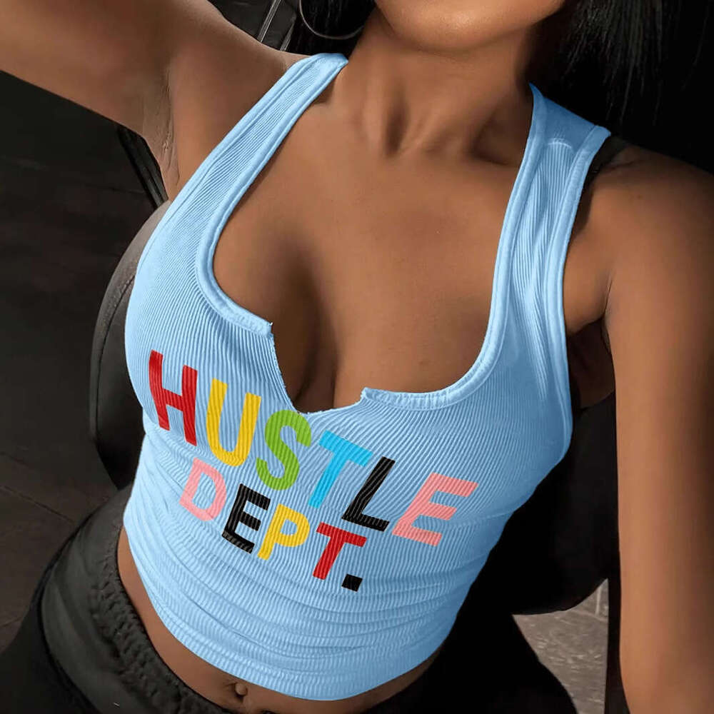 European and American sexy letter printed T-shirt women's brand sleeveless U-neck vest 2025 new casual versatile fashion clothing