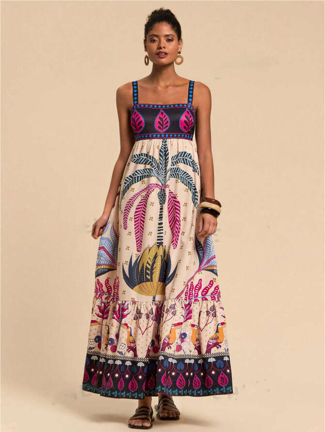 European and American women's tropical printed vacation style Bohemian dress 2025 new casual fashion trend clothing