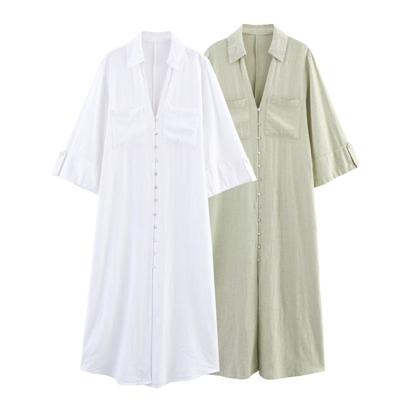 2025 summer new women's casual temperament simple shirt style V-neck dress buckle pocket decoration