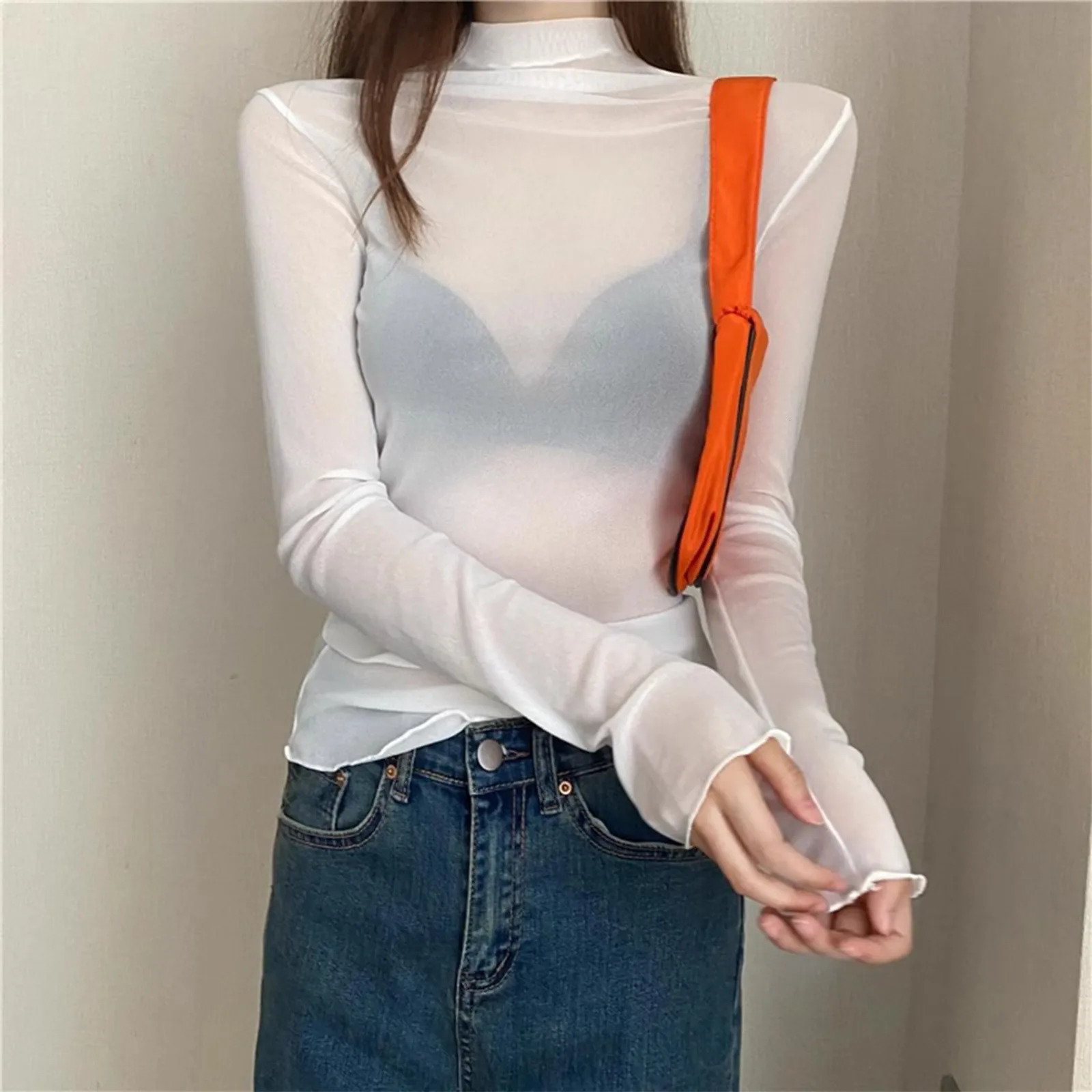 High neck transparent mesh womens clothing long sleeved turtle Tshirt black and white pink shirt layered chiffon top 250425