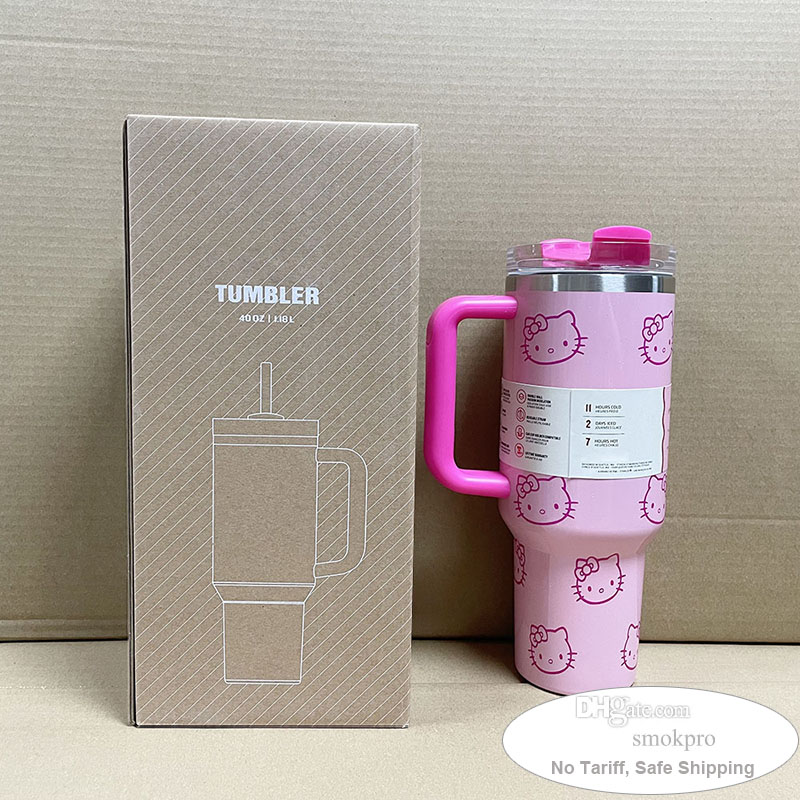 No Tariff - 304 Stainless Steel Tumbler With Handle 40oz Travel Car Cup With Lid and Straw 40 oz H2.0 Brown Box Pink Red Kitty Image
