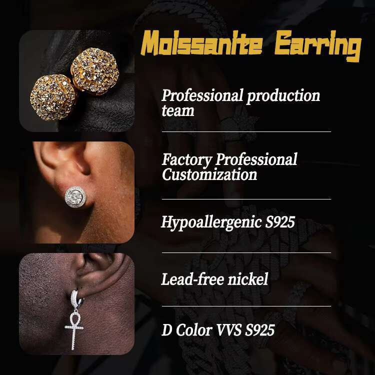Hip Hop Jewelry Mens Earrings Pass Diamond Tester Vvs Gra Diamond Moissanite10k Gold Stud Earrings