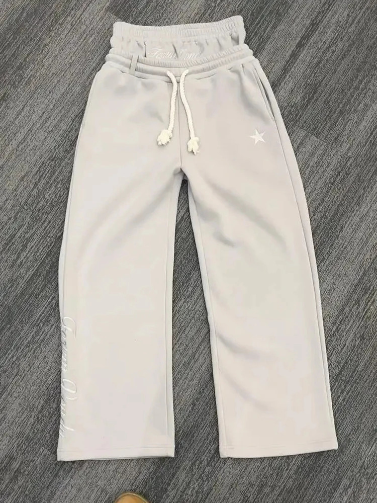 Harajuku loose solid color sports pants hip-hop waistband Y2K American solid color star embroidered casual pants 250428