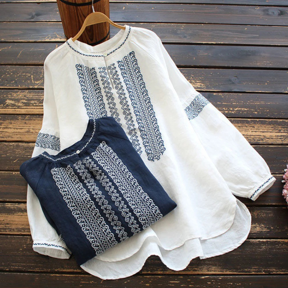 Vintage Embroidered Womens Shirt Large Solid Long Sleeve Ethnic Style Autumn Casual Loose Top 250430Z