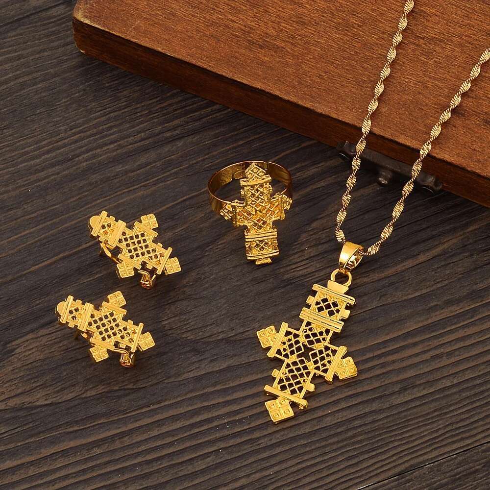 Hot Ethiopian Jewelry Coptic Crosses Pure Gold Color Sets Nigeria Eritrea Kenya Habesha Style