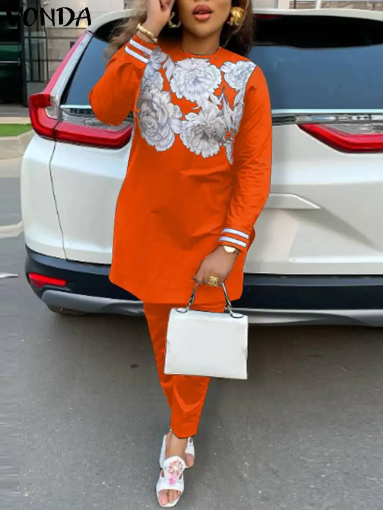 Size 5XL VONDA Retro Bohemian Pants Set Long Sleeve Top Womens Casual Printed Pants Loose 2-piece Elegant Office Set 250427