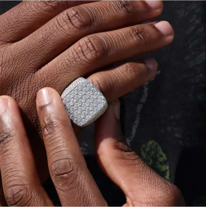 Fully Iced Out Sterling Silver 925 Rapper Square Rings Vvs Moissanite Diamond Hip Hop Moissanite Ring