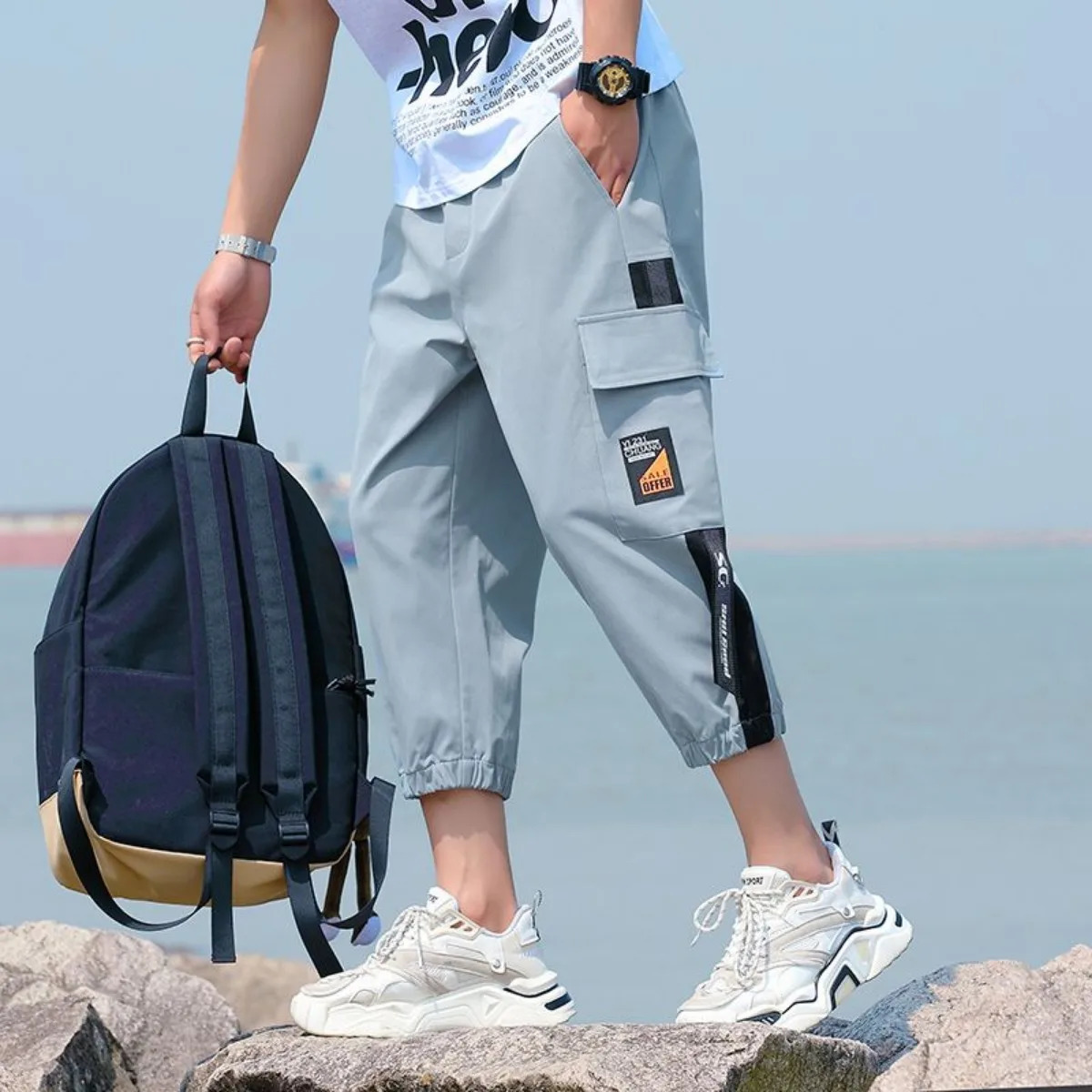 style hiphop below knee 34 long shorts mens tactical pants with multiple pockets summer diagonal work cargo 250425
