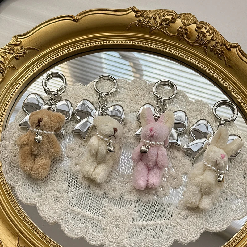 Plush Small Bear Pearl Chain Keychain Cute Doll Bag Charms Big Metal Bow Pendant Keychain Girl Heart Hanging Ornament Jewelry 250430