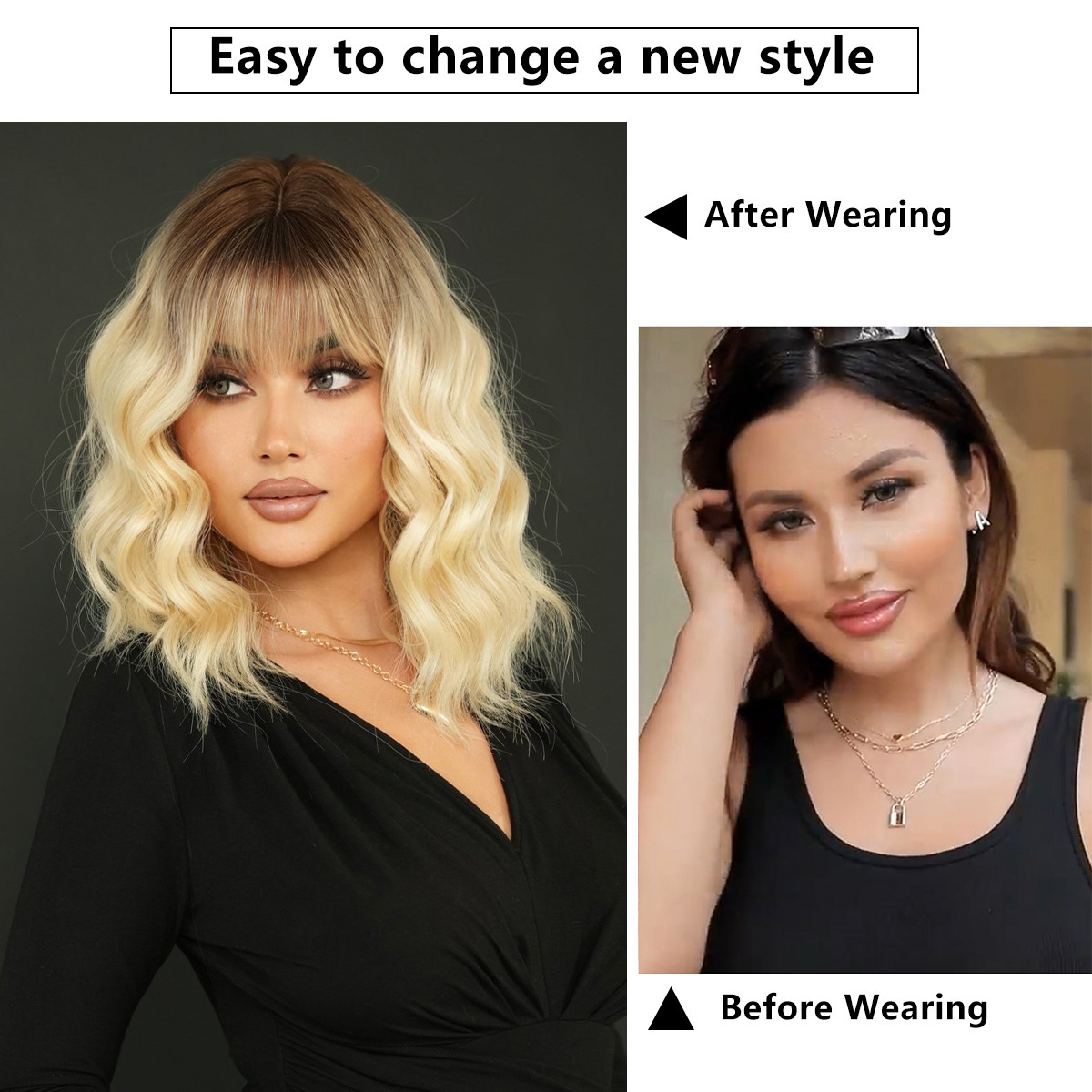 gold Gradient wave shoulder length wig for women full head cover with bangs hair dye on the top of the head commonly used in Japan
