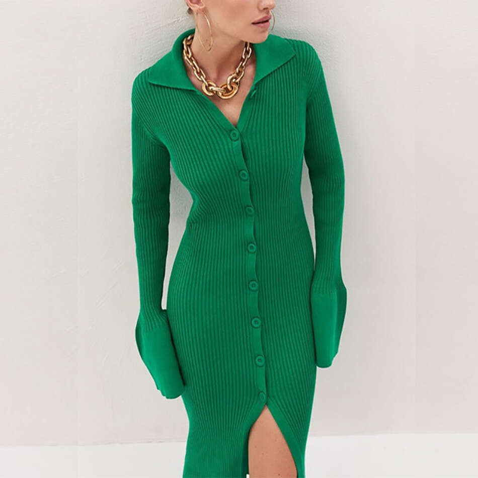 European and American 2021 autumn women's sleeved V-neck long flared sleeve sweater dress 0005 2025 new casual versatile fashion clothing