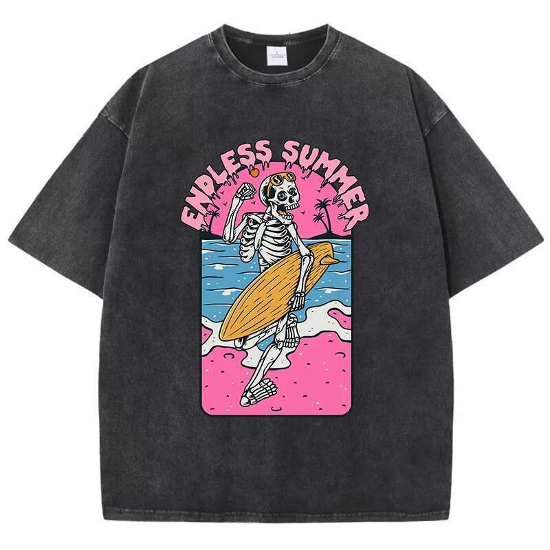 Fashion Women Cotton Washed T-Shirt Endless Summer Skull Surfing Printing Short Sleeve Casual Loose Tee Shirt Vintage Clothes