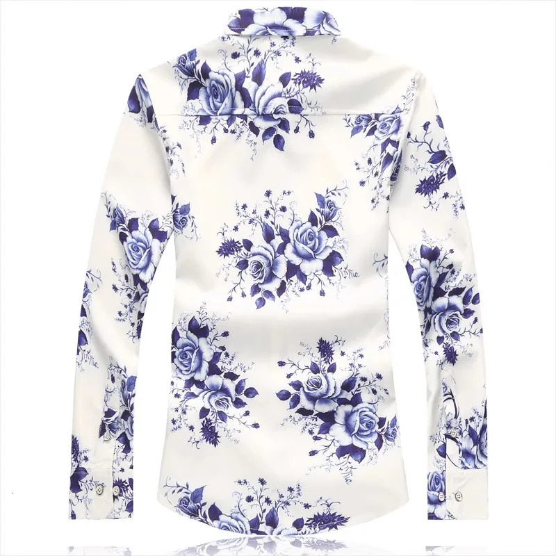 Blue printed long sleeved shirt mens fashionable casual single chest lapel Asian size M7XL 250427