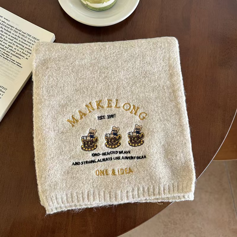 T611 cute bear embroidered wool cartoon scarf for women autumn and winter warm student couple versatile knitted scarf