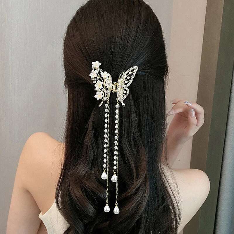 Butterfly Tassel Pearl Claw Red Flower Festival Hairpin For Girls Ponytail Hair Clips Crab Women Fashion Accessories Gifts