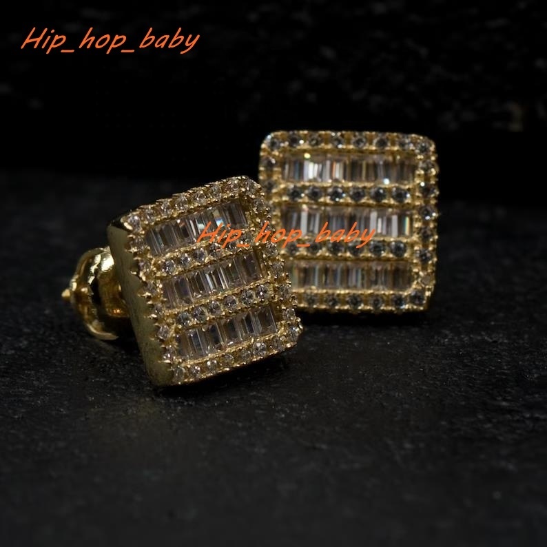Wholesale Iced Out Jewelry Hip Hop Mens Stud Earrings 925 Silver VVS Baguette Moissanite Earrings