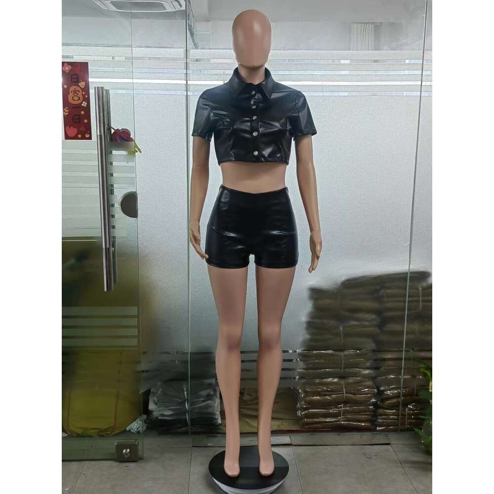 S6861 European and American women's jacket buckle waistband short sleeved imitation leather shirt shorts set 2025 new casual versatile fashion cl