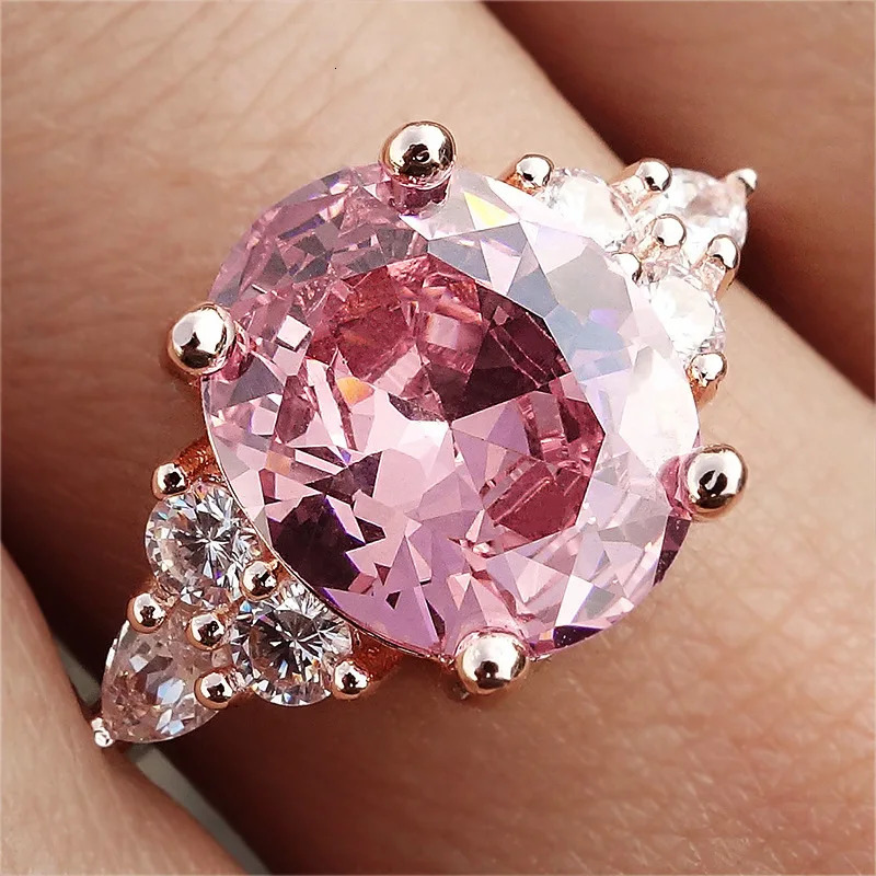 Pink zircon oval stone ring womens sparkling crystal engagement retro rose gold silver wedding jewelry 250428